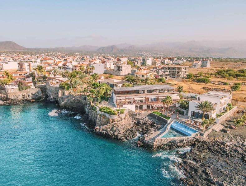 aerial view of King Fisher Village in Tarrafal, Cape Verde located on the beach