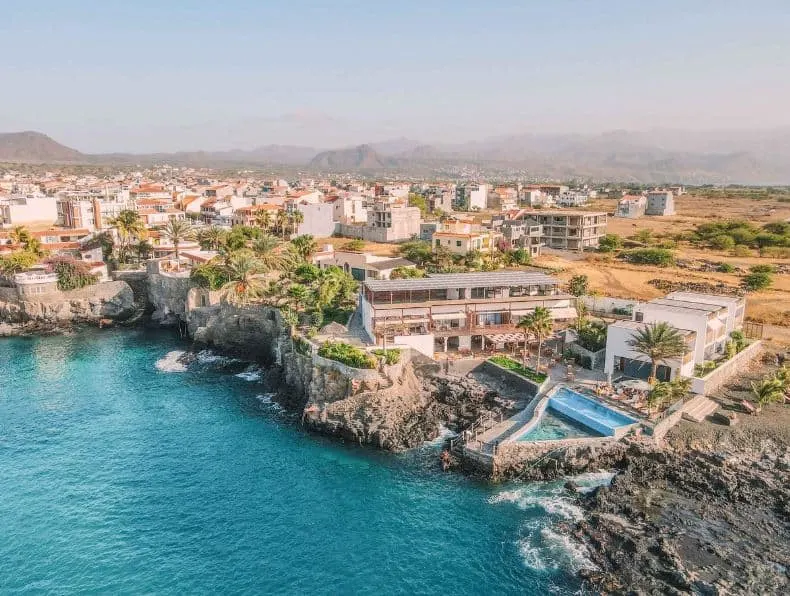 aerial view of King Fisher Village in Tarrafal, Cape Verde located on the beach