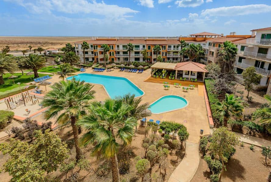 aerial view of the Agua Hotels Sal Vila Verde in Santa Maria, Cape Verde with pools and garden