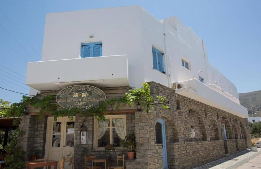 exterior of the Louiza Hotel in Paros, Greece