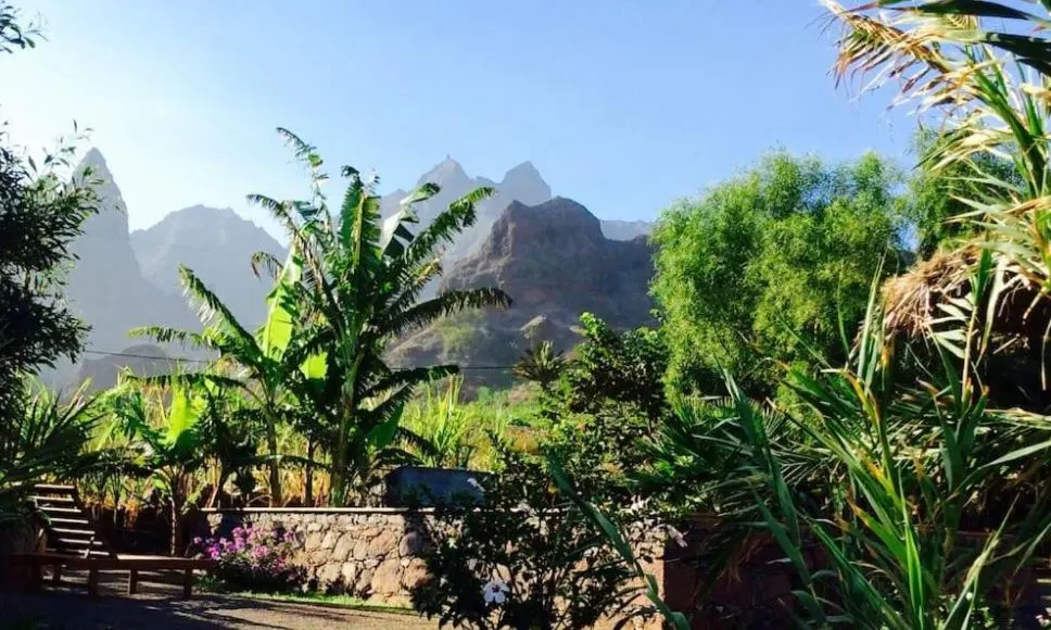 lounge area by the pool with mountain view at Kasa d'Igreja in San Antao, Cape Verde