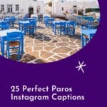 Pinterest pin about Paros Instagram Captions featuring a vibrant image showcasing a traditional Greek seaside restaurant in Paros. The restaurant features blue chairs and tables arranged on a stone patio, overlooking a picturesque harbor with boats. Whitewashed buildings with a Greek flag wave in the background under a clear blue sky.