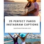 Pinterest pin about Paros Instagram Captions featuring a collage of two photos: A couple embracing while sitting in a boat and soaking the sunset and two women raising their arms while looking into the sea