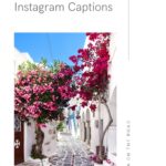 Pinterest pin about Paros Instagram Captions featuring a a narrow, whitewashed alleyway in Paros with vibrant pink bougainvillea overflowing from the sides.