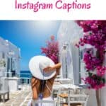 Pinterest pin about Paros Instagram captions showing a photo of a woman wearing a white dress and hat with one hand at the back of her head admiring the view