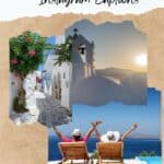 Pinterest pin about Paros Instagram Captions featuring a collage of three photos showcasing Paros, Greece: a whitewashed alleyway lined with colorful flowers, a whitewashed church with a bell tower at sunset, and a couple relaxing on lounge chairs overlooking the Aegean Sea.