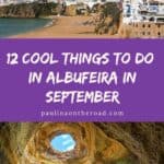 A picturesque scene of Albufeira, Portugal, showcasing a coastal town with whitewashed buildings, a sandy beach, and a dramatic cliff face. In the foreground, a person stands at the entrance to a stunning sea cave. The text on the image reads 