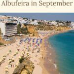 A bustling beach scene in Albufeira, Portugal, with white sand, colorful umbrellas, and people enjoying the sun and water. The town is visible on the cliffs above, with whitewashed buildings and hotels. The text on the image reads 