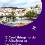 An aerial view of Albufeira, Portugal, showcasing a picturesque town with whitewashed buildings, red-tiled roofs, and a central square surrounded by palm trees. The text on the image reads 