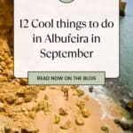 A picturesque beach scene in Albufeira, Portugal, showcasing golden sand, rocky cliffs, and people enjoying the ocean. The text on the image reads 