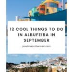 A colorful building complex in Albufeira, Portugal, with brightly painted facades and blue sunshades. In the background, a picturesque coastal town with whitewashed buildings and a sandy beach can be seen. The text on the image reads 