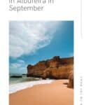 A picturesque beach scene in Albufeira, Portugal, featuring golden sand, dramatic cliffs, and blue ocean waves. The text on the image reads 