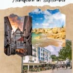 A collage of three images showcasing different aspects of Albufeira, Portugal: a narrow street with colorful buildings and a church, a stunning beach with cliffs, and a bustling pedestrian street with cafes and shops. The text on the image reads 