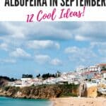 A picturesque coastal town in Albufeira, Portugal, with whitewashed buildings perched on a cliff overlooking a sandy beach filled with sunbathers. The text on the image reads 