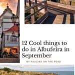 A collage of three images showcasing Albufeira, Portugal: a narrow street with a church and red-tiled roof, a coastal path with wooden railings overlooking the ocean, and a dramatic cliff formation with crashing waves. The text on the image reads 