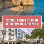 A collage of two images showcasing Albufeira, Portugal: a dramatic coastline with cliffs and a secluded beach, and a bustling pedestrian street lined with colorful buildings and cafes. The text on the image reads 