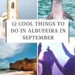 A collage of four images showcasing Albufeira, Portugal: a church tower, a dolphin performing a trick in a marine park, a scenic cliff formation, and people dancing at a night club. The text on the image reads 