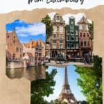 A Pinterest pin promoting weekend trips from Luxembourg. The image features three photos: a canal in Bruges with historic buildings, a canal in Amsterdam with colorful houses and bicycles, and the Eiffel Tower in Paris.