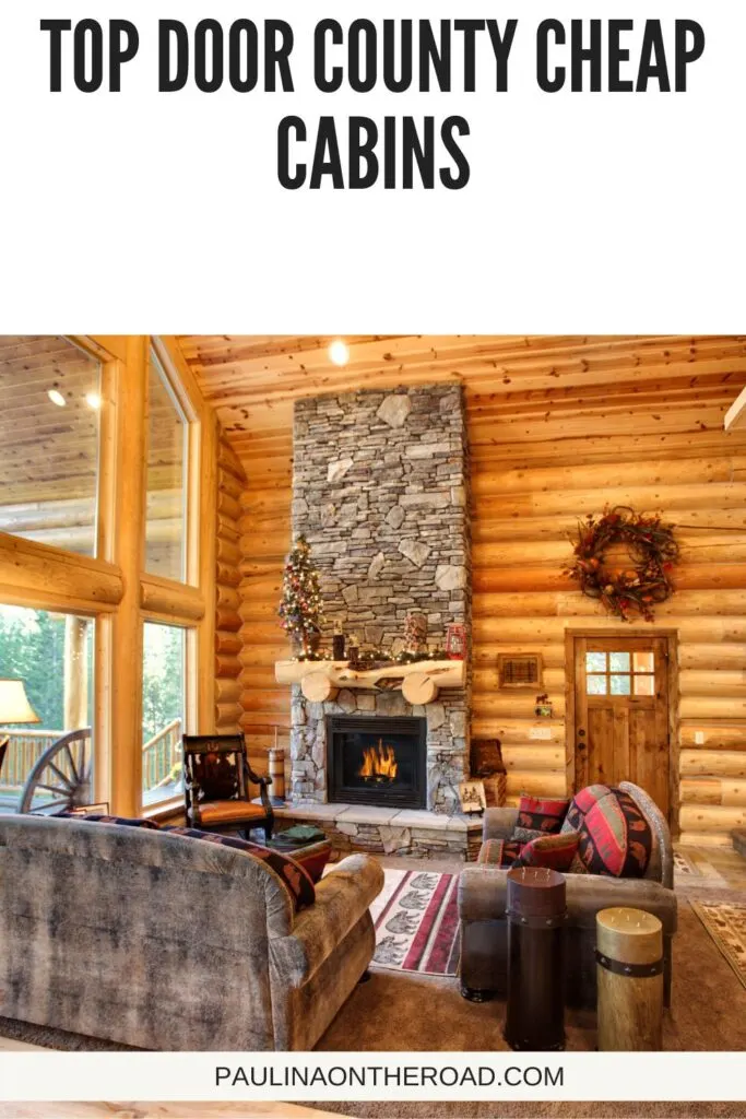 a pin with the living room of one of the Door County Cheap Cabins.