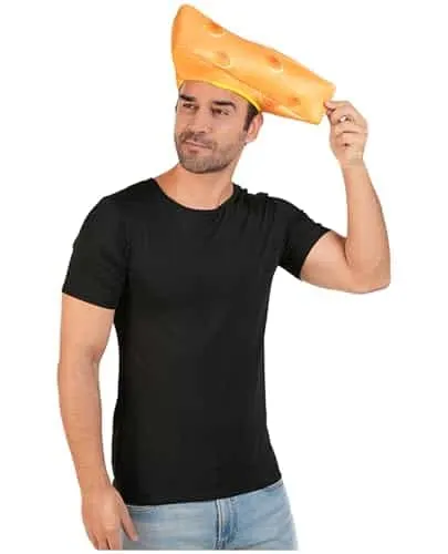 a man on a black shirt with a cheese hat