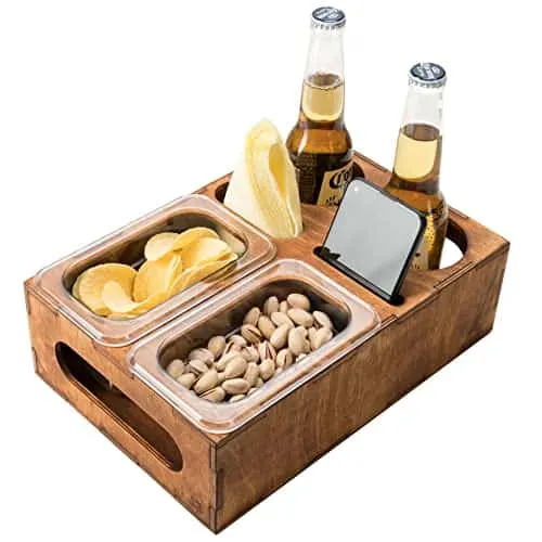 Wood Beer Box - Drink Box Snacks Tray - Table Stand Caddy with slots for glasses, chips, nuts