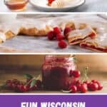 maple syrup in a glass bottle with a wooden spoon; a pastry with icing and raspberries on it near tea cups; cherry jam in a glass jar beside fresh cherries on a wooden table