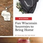 a silver necklace with the shaped with the state of wisconsin map and wisco on it; a grey shirt with wisconsin state map; cherry jam in a glass jar beside fresh cherries on a wooden table