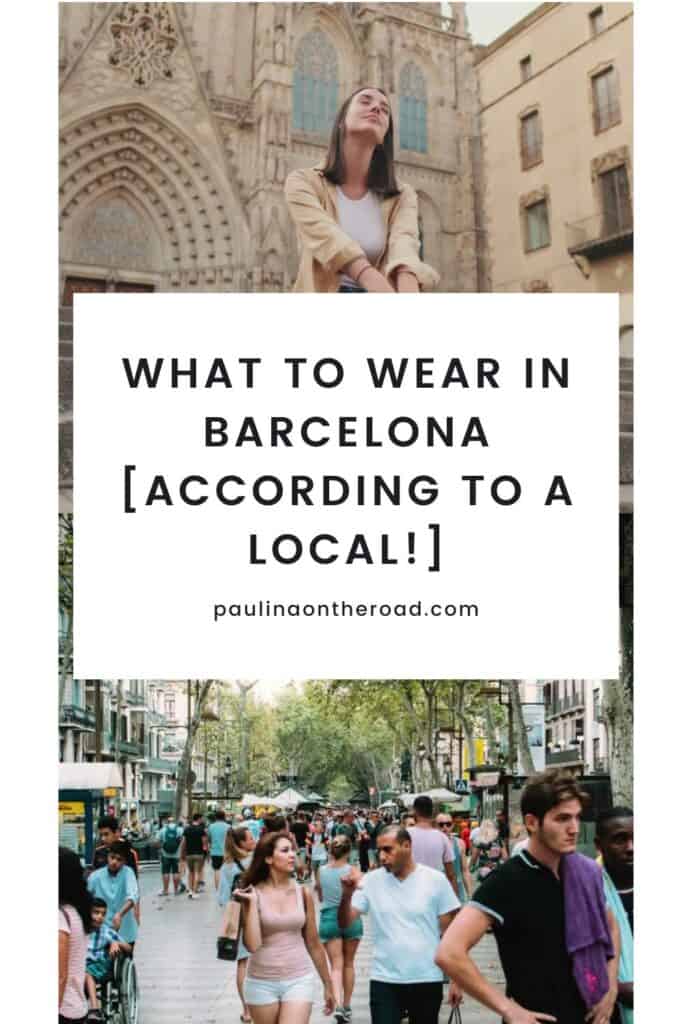 a woman sitting with the church at the background; people walking on a street in Barcelona