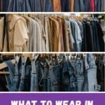 many different types of leather jackets hanging on a rack; clothes hanging on hangers in a clothing store; jeans hanging on a rack in a clothing store