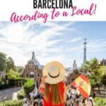 A person in red dress and a hat holding a flag in front of Park Guell.