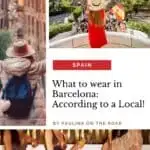 A person with arms outstretched in front of Sagrada Familia, Barcelona, Spain; A person in red dress and a hat holding a flag in front of Park Guell; three people sitting on chairs with champagne glasses