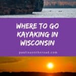 kayakers make their way through the sea caves at the apostle islands national lakeshore in wisconsin; silhoutte of a kayaker in a lake Beulah Wisconsin during sunset