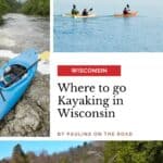 a blue kayak sits on the rocks next to a river; 3 persons kayaking down a river; a river with rapids in the middle of a wooded area