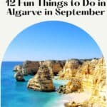 A Pinterest pin featuring a scenic beach in Algarve, Portugal. The image shows dramatic cliffs, a sandy beach, and clear blue water. The text reads "12 Fun Things to Do in Algarve in September" and "paulinaontheroad.com."