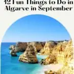 A Pinterest pin featuring a scenic beach in Algarve, Portugal. The image shows dramatic cliffs, a sandy beach, and clear blue water. The text reads 