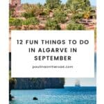 A Pinterest pin featuring two images of Algarve, Portugal: a historic castle with palm trees and a scenic coastal view with a sailboat. The text reads 