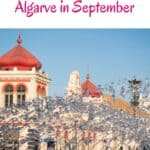 A Pinterest pin featuring the Mercado Municipal de Loulé, a colorful market building in Algarve, Portugal. The image shows the building's red-tiled roof and a fountain in the foreground. The text reads 