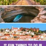 A Pinterest pin showcasing various attractions in Algarve, Portugal. The top image shows a vineyard, the middle image features a dramatic coastal cave, and the bottom image depicts a historic town with a castle. The text reads "12 Fun Things to Do in Algarve in September" and "paulinaontheroad.com."