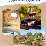 A Pinterest pin featuring various attractions in Algarve, Portugal. The top image shows a coastal cave, the middle image depicts a glass of wine with grapes, and the bottom image shows a garden with palm trees. The text reads 