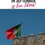 A Pinterest pin featuring a Portuguese flag waving above a stone wall. The text reads 