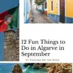 A Pinterest pin featuring three images of Algarve, Portugal: a Portuguese flag, a colorful street scene, and dramatic coastal cliffs. The text reads 