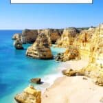 A Pinterest pin featuring a scenic beach in Algarve, Portugal. The image shows dramatic cliffs, a sandy beach, and clear blue water. The text reads "12 Fun Things to Do in Algarve in September" and "paulinaontheroad.com."