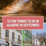 A Pinterest pin featuring a scenic beach in Algarve, Portugal. The image shows dramatic cliffs, a sandy beach, and clear blue water. The text reads 