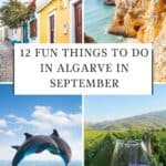 A Pinterest pin showcasing various attractions in Algarve, Portugal. The top left image shows a colorful street scene, the top right image features dramatic coastal cliffs, the bottom left image depicts dolphins jumping out of the water, and the bottom right image shows two people clinking wine glasses. The text reads 