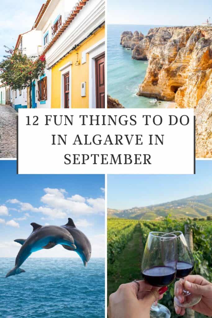 A Pinterest pin showcasing various attractions in Algarve, Portugal. The top left image shows a colorful street scene, the top right image features dramatic coastal cliffs, the bottom left image depicts dolphins jumping out of the water, and the bottom right image shows two people clinking wine glasses. The text reads 