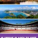 A collage of three images showcasing unique places in Northern Spain: the Guggenheim Museum Bilbao, a panoramic view of a coastal city with a beach, and the interior of a bullfighting arena. The text "12 UNIQUE PLACES TO VISIT IN NORTHERN SPAIN" is overlayed, along with the website "paulinaontheroad.com."