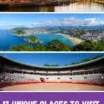 A collage of three images showcasing unique places in Northern Spain: the Guggenheim Museum Bilbao, a panoramic view of a coastal city with a beach, and the interior of a bullfighting arena. The text 