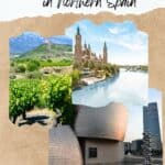 A collage of three images showcasing unique places in Northern Spain: a hilltop castle overlooking a city with a cathedral and river, a vineyard with rows of grapevines, and the Guggenheim Museum Bilbao with a sculpture in the foreground. The text 