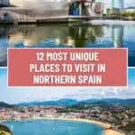 A collage of two images showcasing unique places in Northern Spain: the Guggenheim Museum Bilbao and a panoramic view of San Sebastian with a crescent-shaped beach. The text "12 MOST UNIQUE PLACES TO VISIT IN NORTHERN SPAIN" is overlayed.