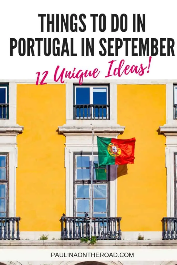 A Pinterest pin featuring a vibrant yellow building with a Portuguese flag waving from a window. The text reads